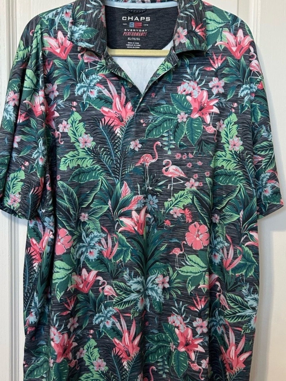 Chaps Men’s Gray Polo with Pink & Green Tropical Floral Print